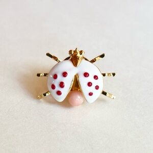 Ladybug Pin Brooch with Angel Skin Coral Bead (White and Red Enamel on Gold)